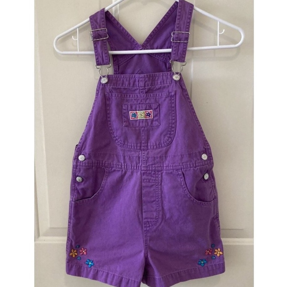 Honors Girls Purple Overall Shorts Shortalls Size Medium 7/8 Cotton Flowers